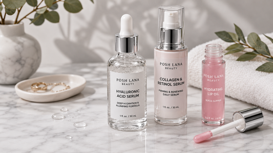 Posh Lana Beauty skincare routine — hyaluronic acid serum, collagen serum, and lip oil on marble surface