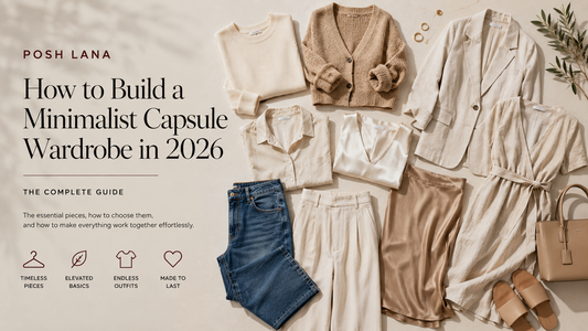 Posh Lana minimalist capsule wardrobe flat lay — soft neutrals, elevated basics, and transitional pieces for 2026