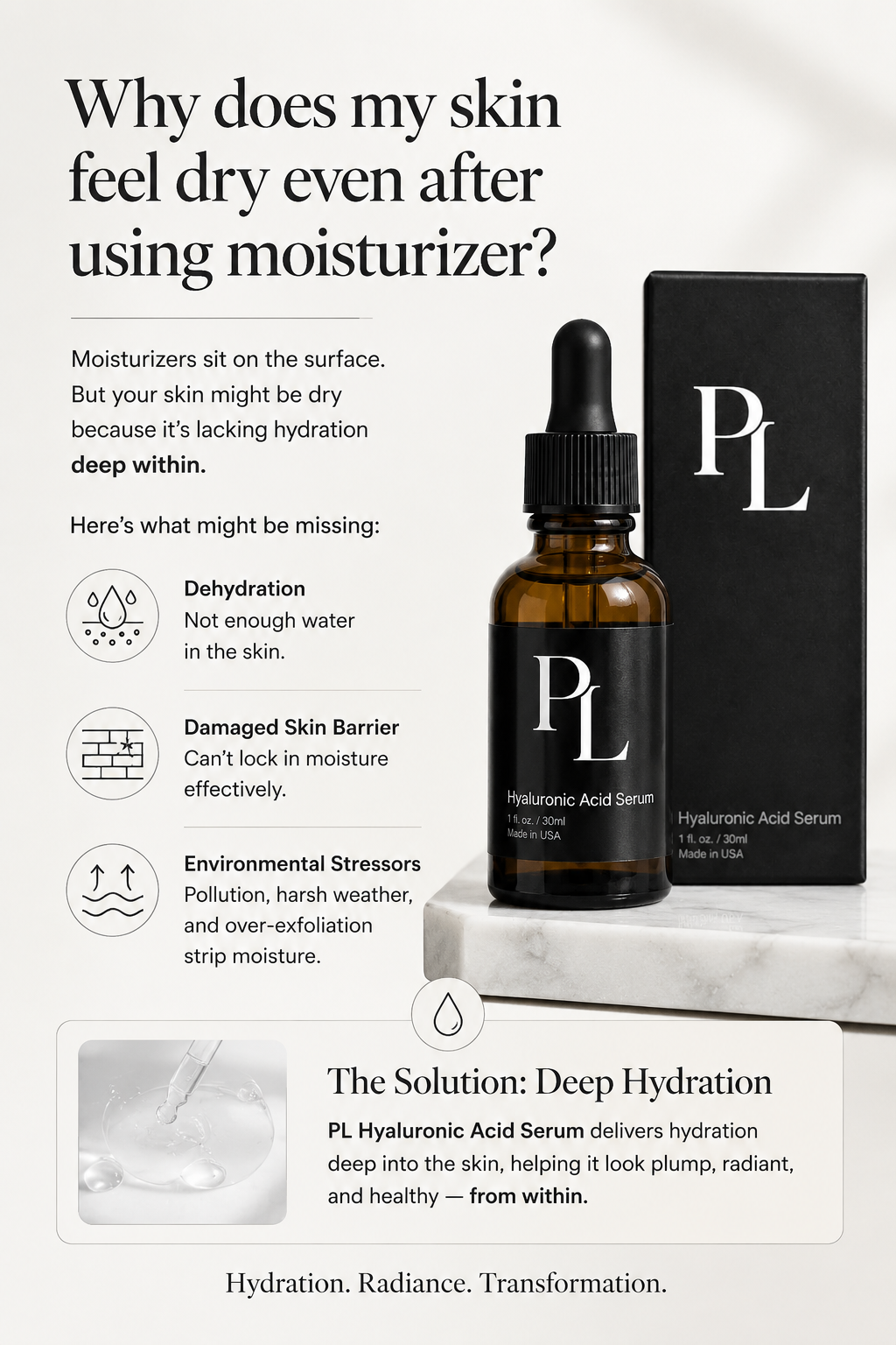Posh Lana Hyaluronic Acid Serum on a marble surface with water droplets — deep hydration skincare formula