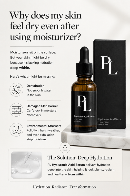 Posh Lana Hyaluronic Acid Serum on a marble surface with water droplets — deep hydration skincare formula