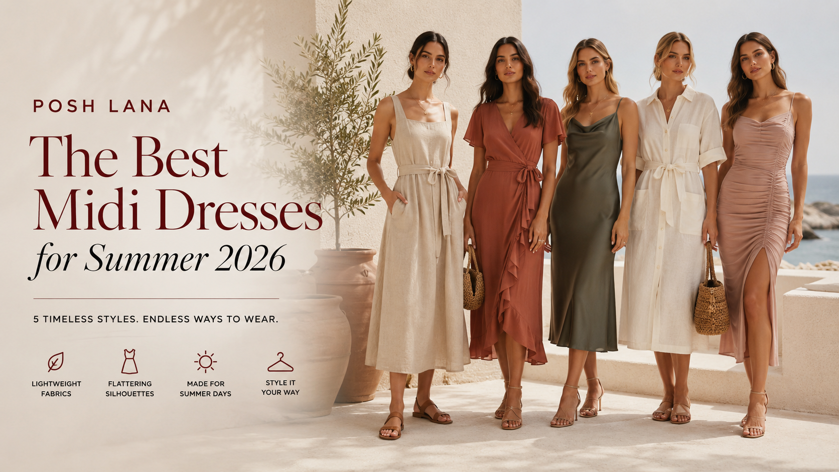 Posh Lana women's summer midi dresses collection — linen, wrap, and slip styles for 2026