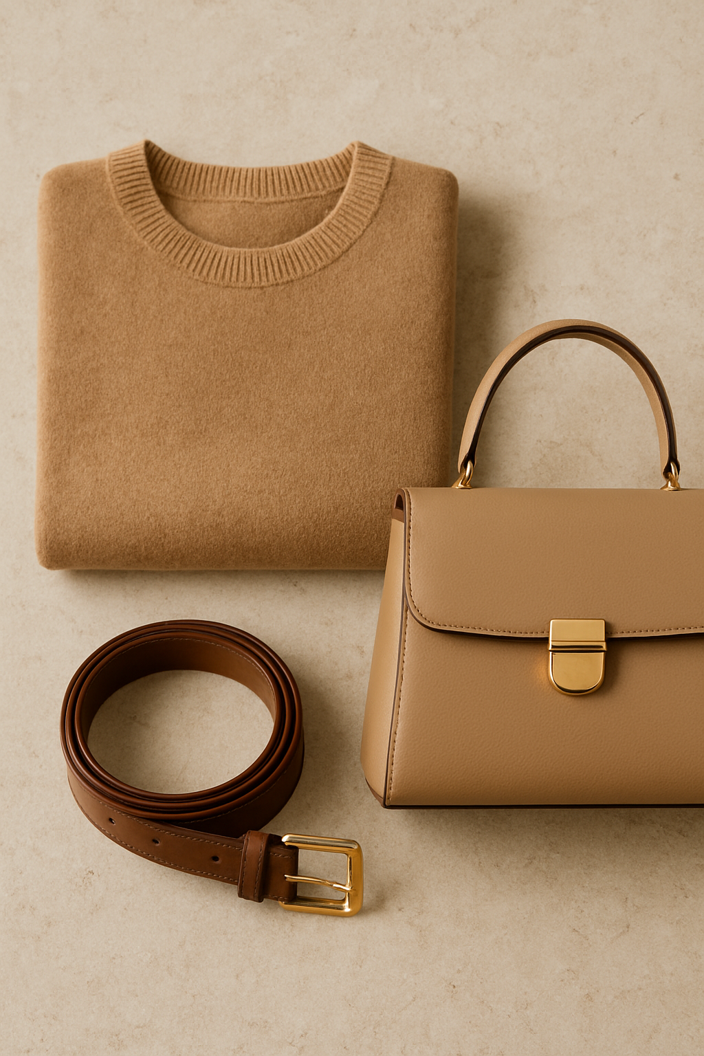 1:1 image of refined fashion pieces: folded cashmere sweater, leather belt, and structured handbag on a stone-textured background. Premium but approachable styling, no text, 4k.