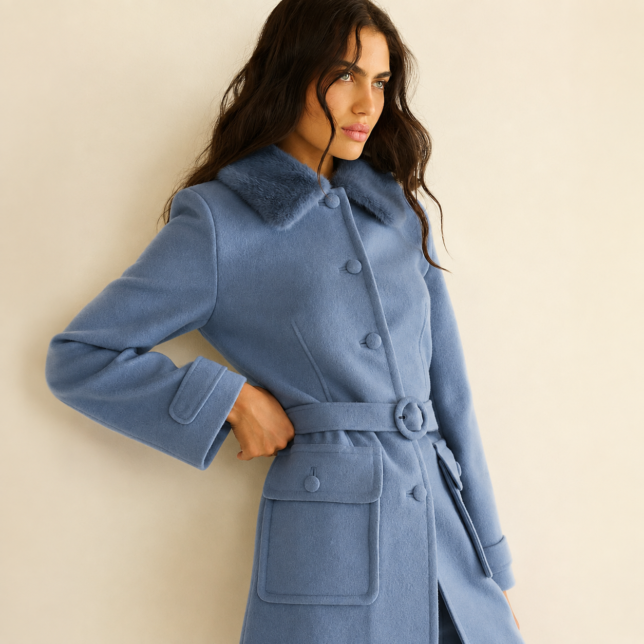 Dusty Blue Fur-Collar Coat Portrait