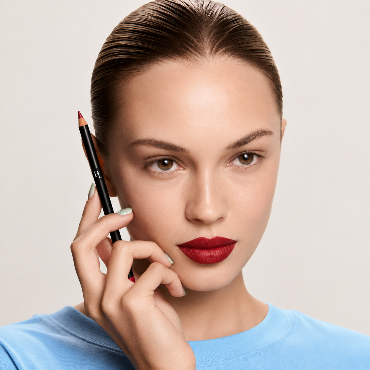 Slicked-Back Beauty with Red Pencil
