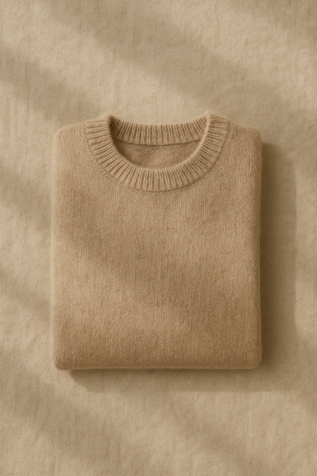 image of a cozy knit top folded neatly on a beige background with soft texture and warm shadows.