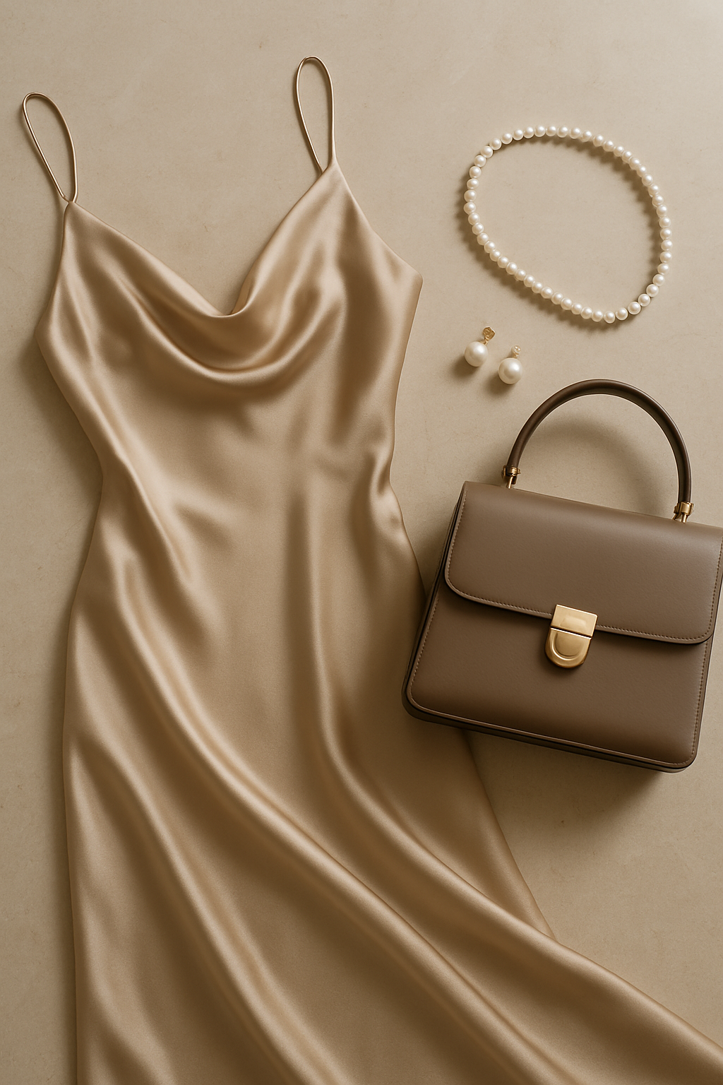 image of a luxury fashion flat lay featuring a silk dress, leather handbag, and pearl jewelry styled on a beige marble surface with soft shadows. Premium aesthetic, clean composition, no text, 4k.