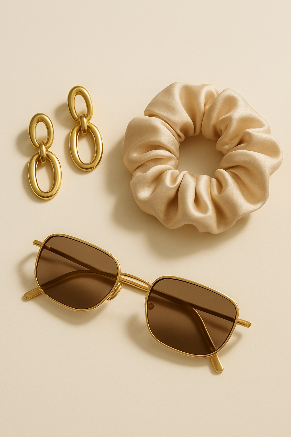 image of chic mid-range accessories: gold-plated earrings, silk scrunchie, and minimalist sunglasses arranged on a neutral cream background. Soft natural light, editorial styling, no text, 4k.