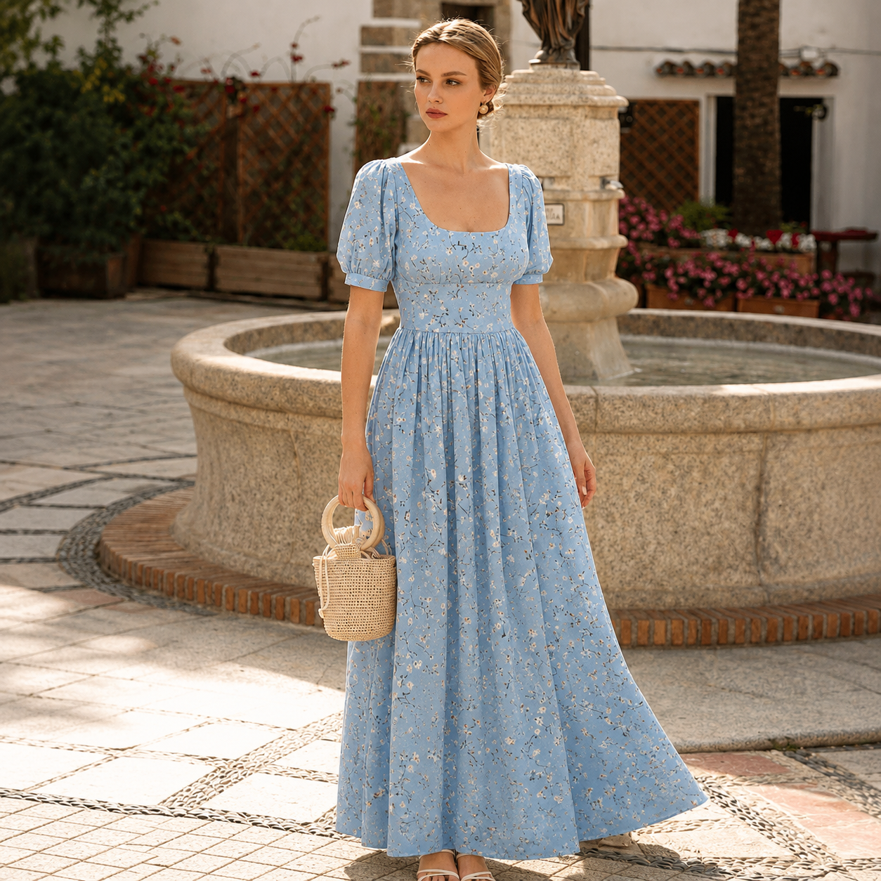 Sunlit Courtyard Fashion Portrait
