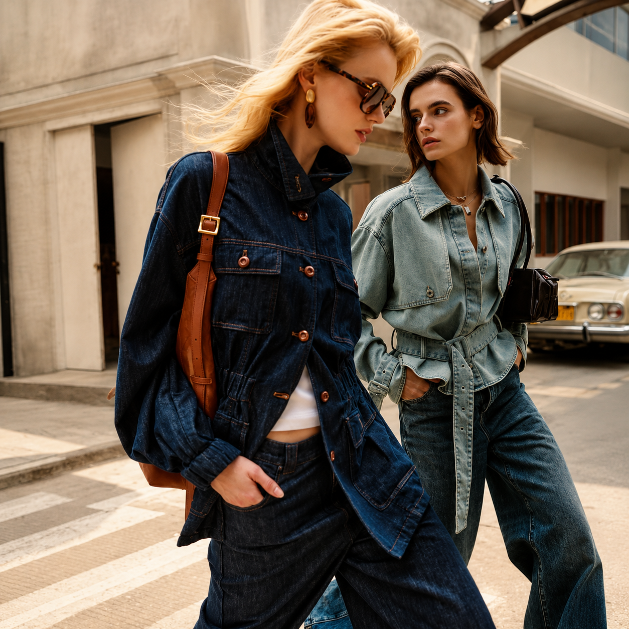 Sunlit Denim Duo on a Quiet Street