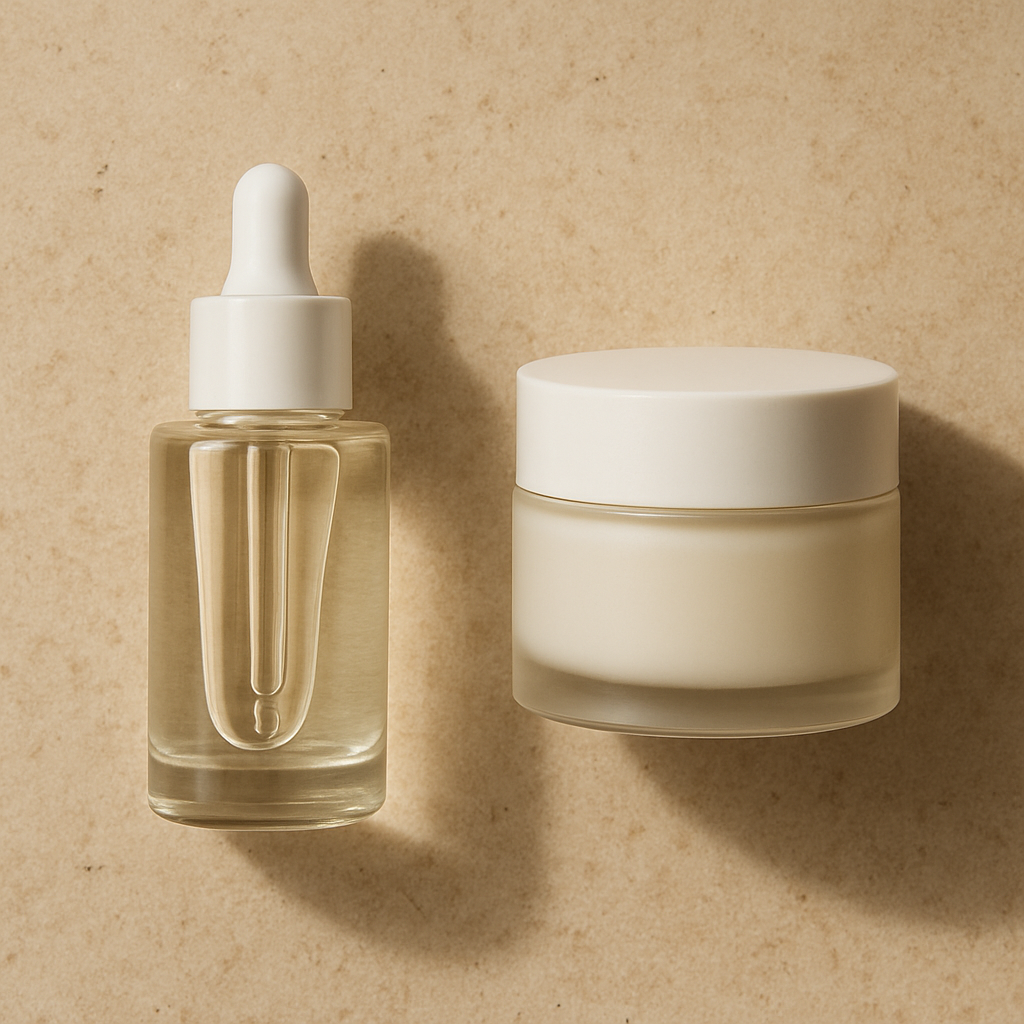 editorial flat lay of luxury beauty products: minimalist glass serum bottle and cream jar on a stone-textured surface, soft shadows, no text.