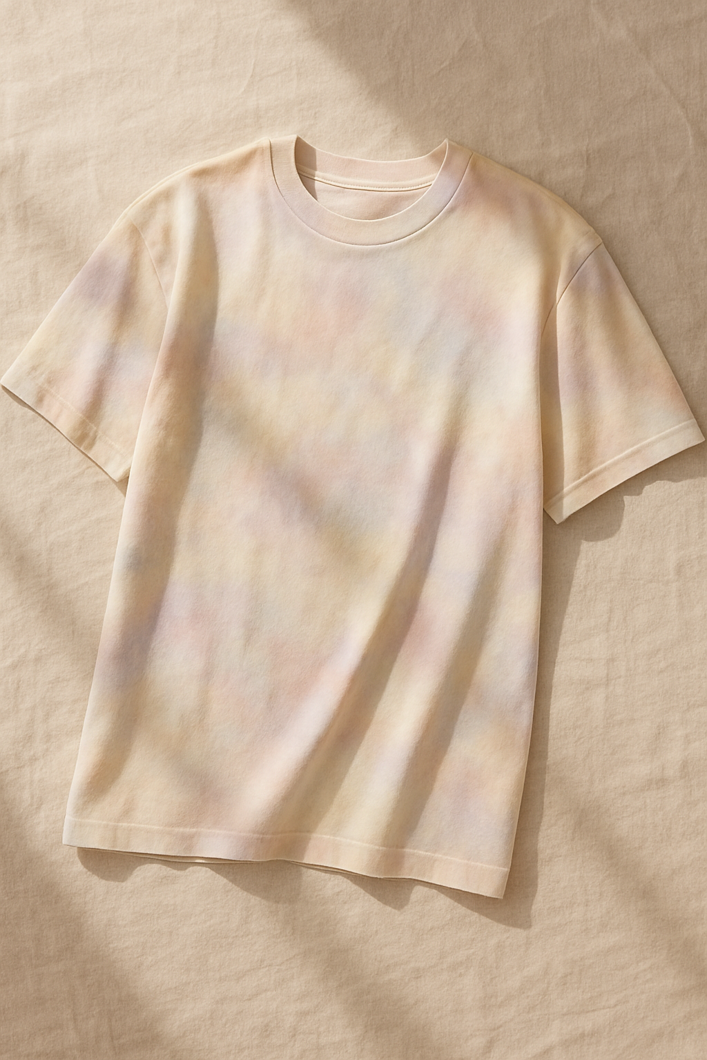 lifestyle editorial flat lay of a tie-dye oversized t-shirt in pastel tones on a soft linen backdrop, warm light.