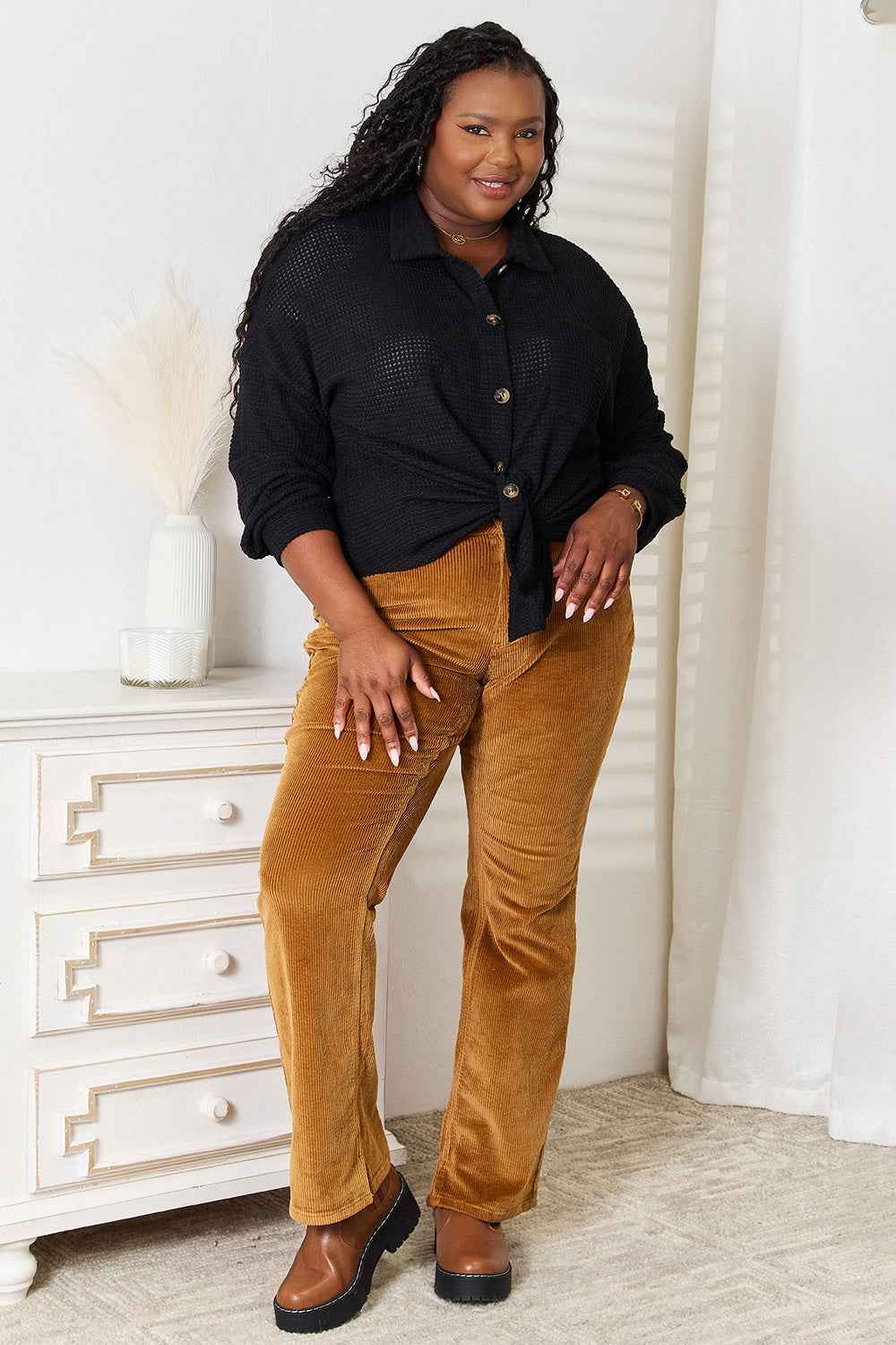 Double Take Waffle-Knit Collared Neck Dropped Shoulder Shirt 0000557427ab41549f5808e628ab03e7-Max