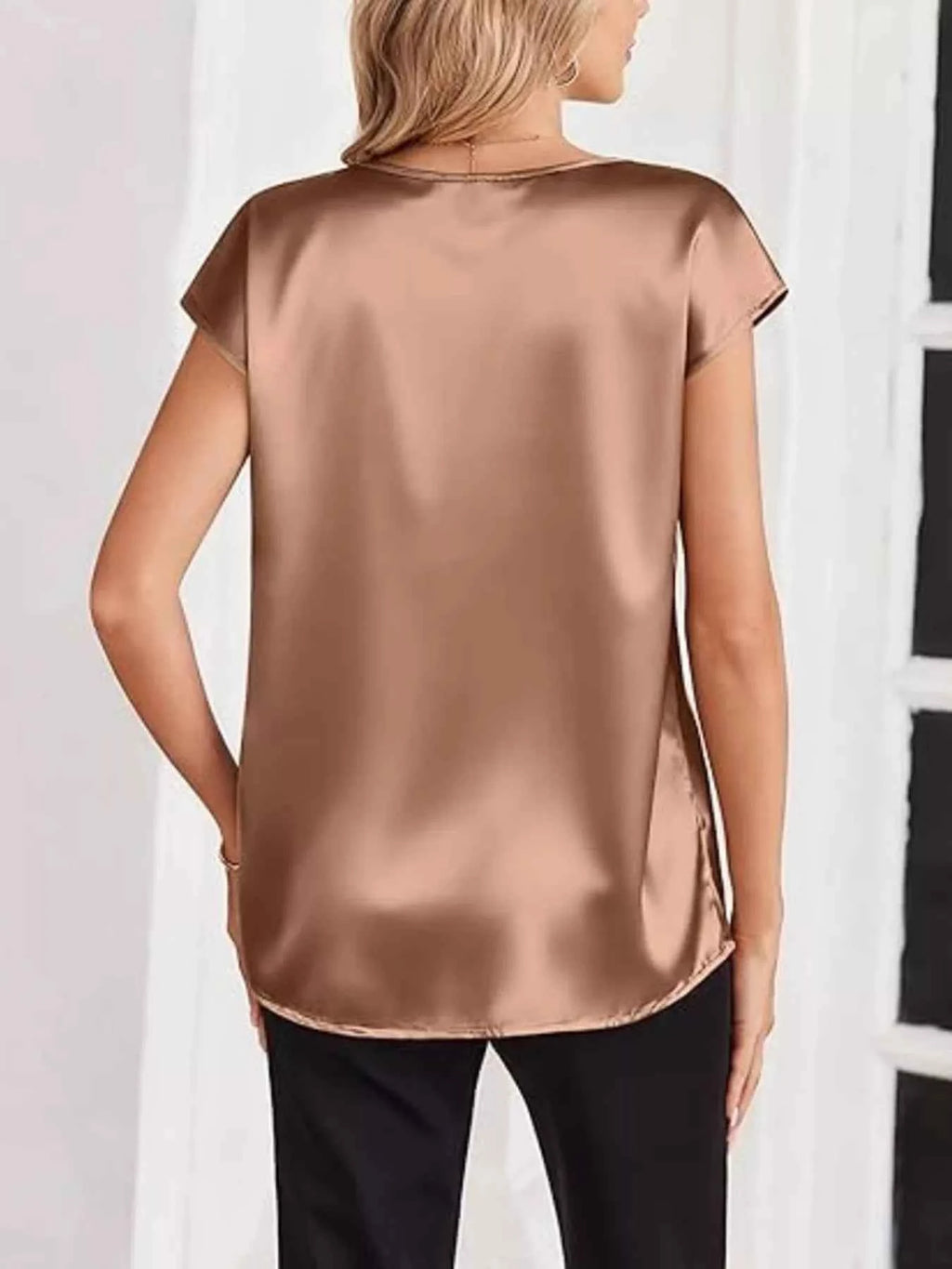Satin V-Neck Short Sleeve Blouse 0003a658a0344c9cb9b5ce637c0de6fc-Max-Origin