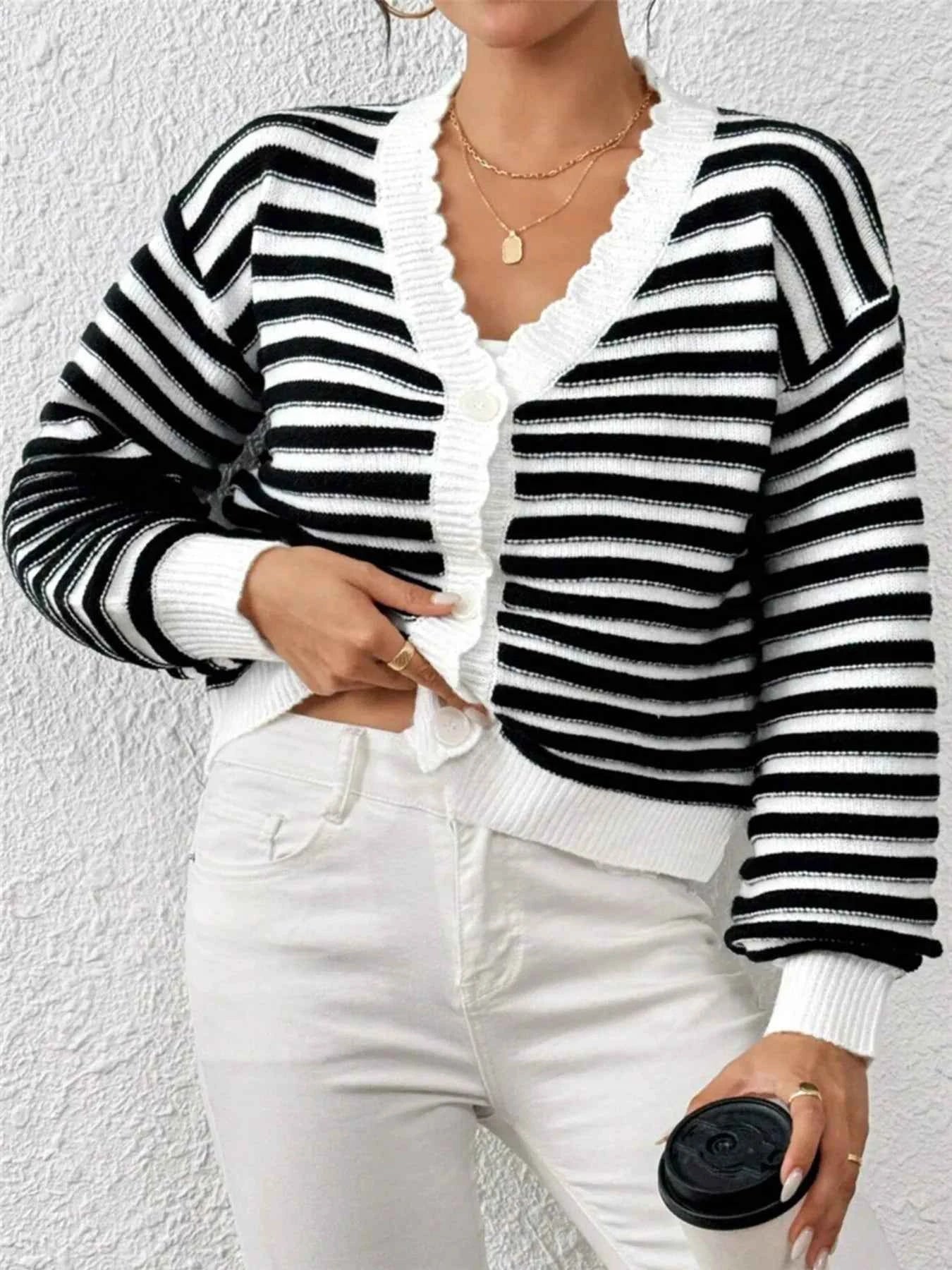 Rainbow Striped Cropped Cardigan with Balloon Sleeves