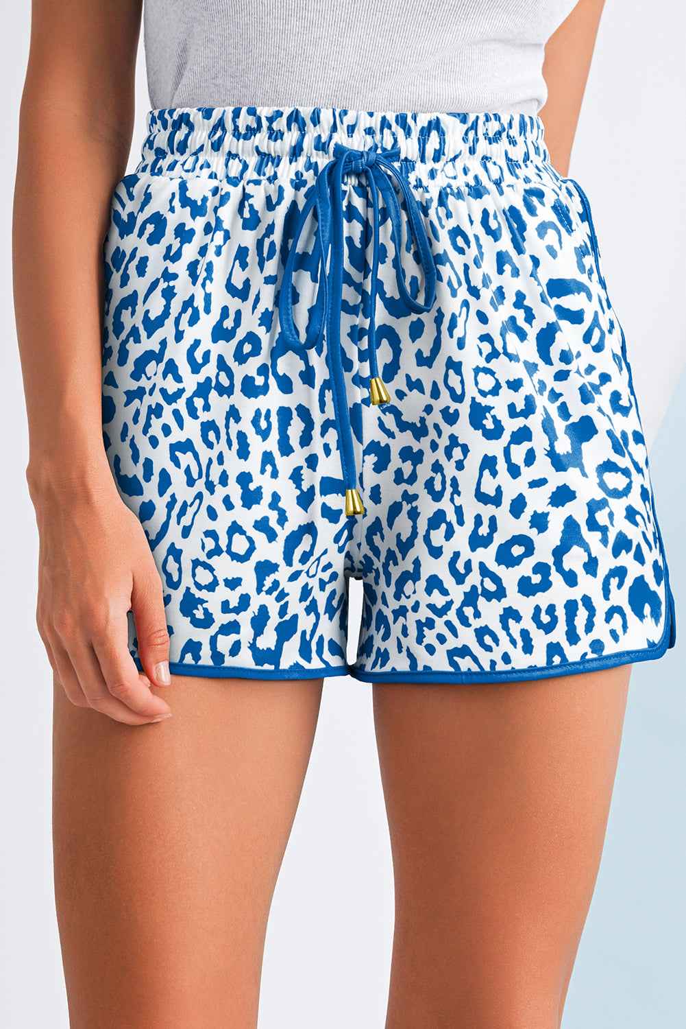 Blue Leopard Elastic Waist Lace up Contrast Trim Casual Shorts Blue 000bf977d37bc7e7