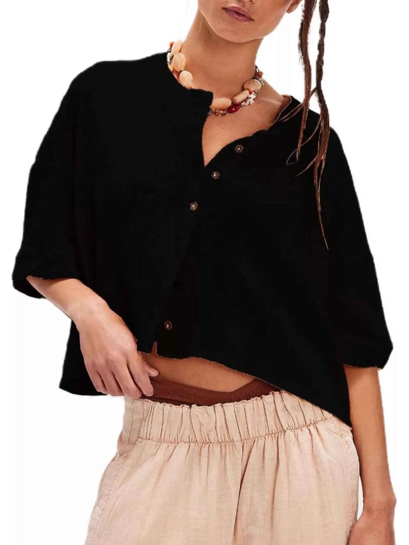 Button-Front Half Sleeve Cardigan Black 000ce259-2f62-4a69-b21e-19850d137024-Max-Origin