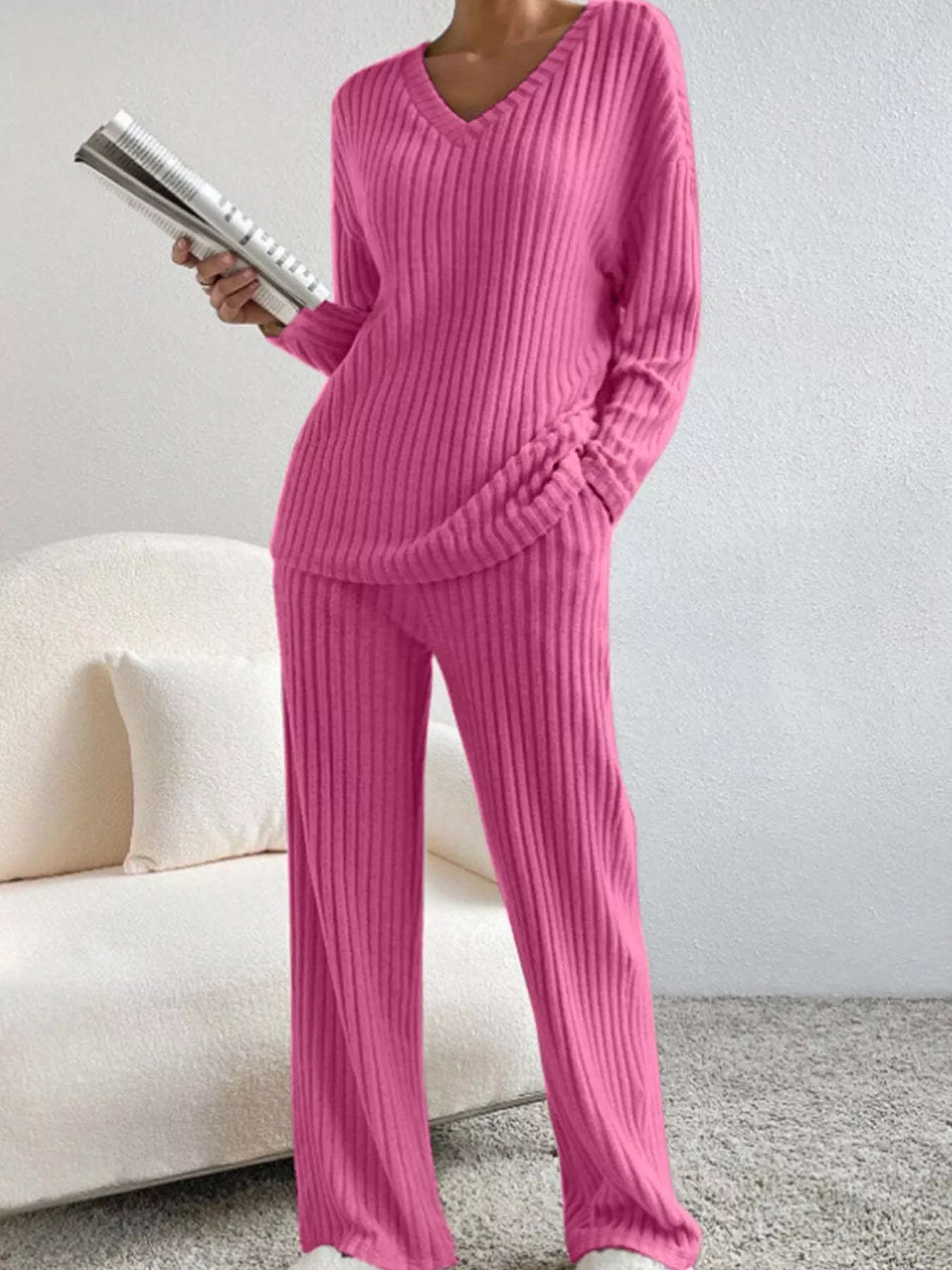 Ribbed V-Neck Top and Pants Set Hot Pink 000d523d-675a-49c0-86c9-57271ac5039d-Max-Origin