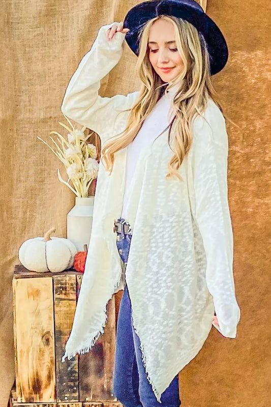 Textured Knit Fringe Hem Cardigan - Bohemian Open Front 000da064-a8b9-4699-97df-b84c93e8acda-Max