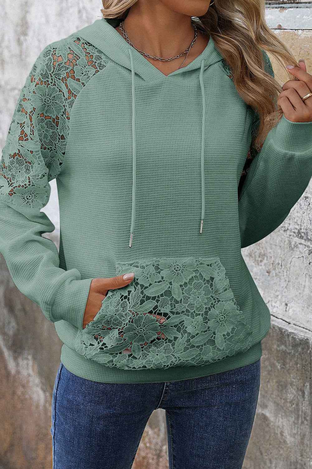Gossamer Pink Lace Patchwork Raglan Sleeve Kangaroo Pocket Waffle Hoodie 000e7aedcbfe3816