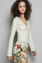 POL V-Neck Long Sleeve Ribbed Top with Lace-Accent Neckband 000ec6b6-92b8-4d3a-b05f-0c7bfeffd51a-Max