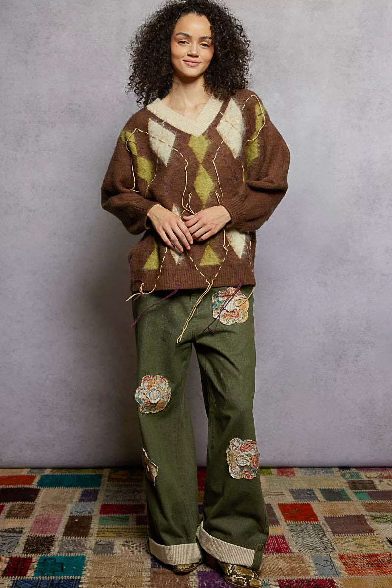 POL V-Neck Argyle Pattern Mohair Sweater with Contrast Exposed Stitch Detail 00117087-e197-4828-b4ce-cb2a05a6afe3-Max-Origin