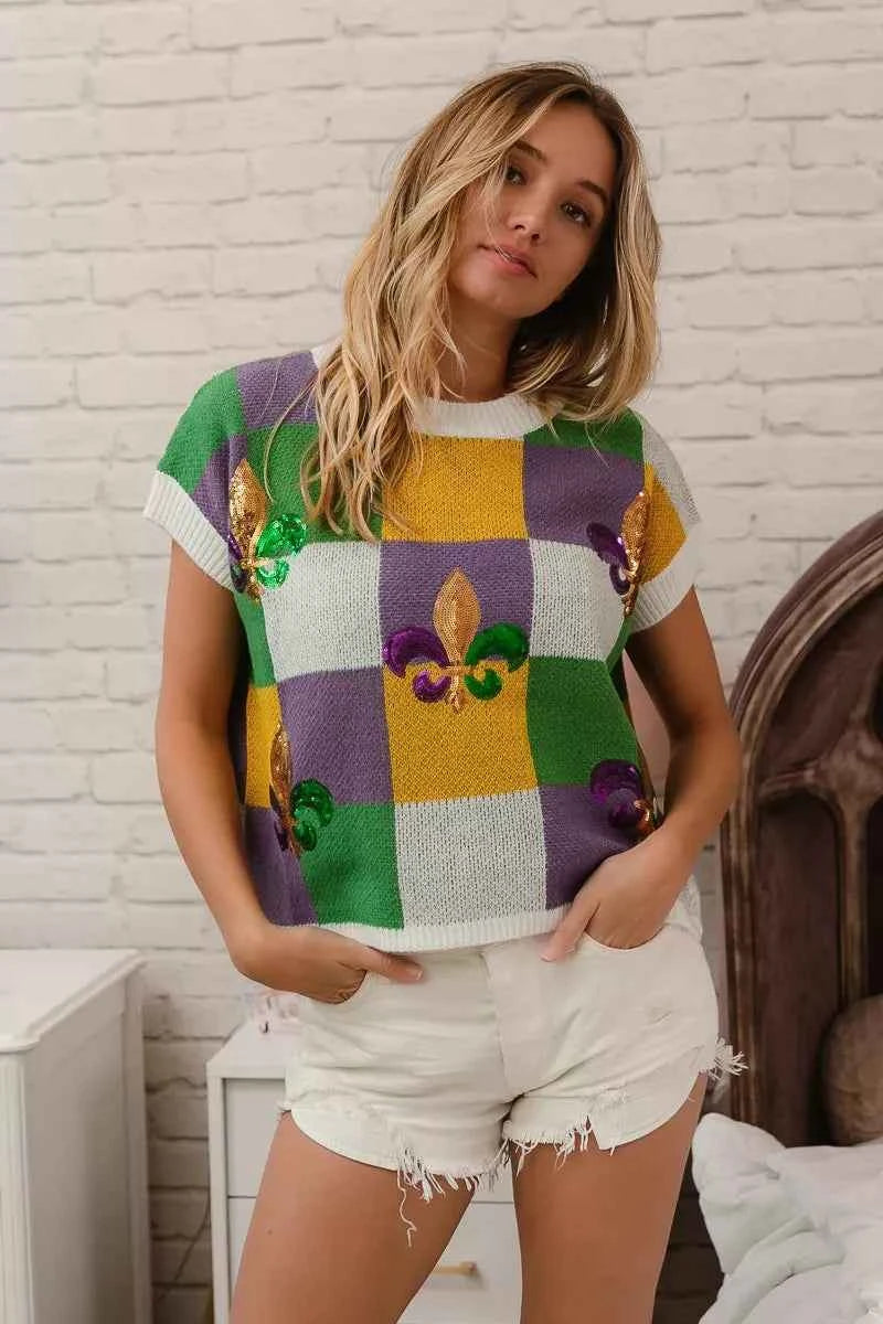 BiBi Sequin Embroidery Mardi Gras Checker Sweater Top 0011a83bfcce49a8868d6e764ea7645c-Max-Origin