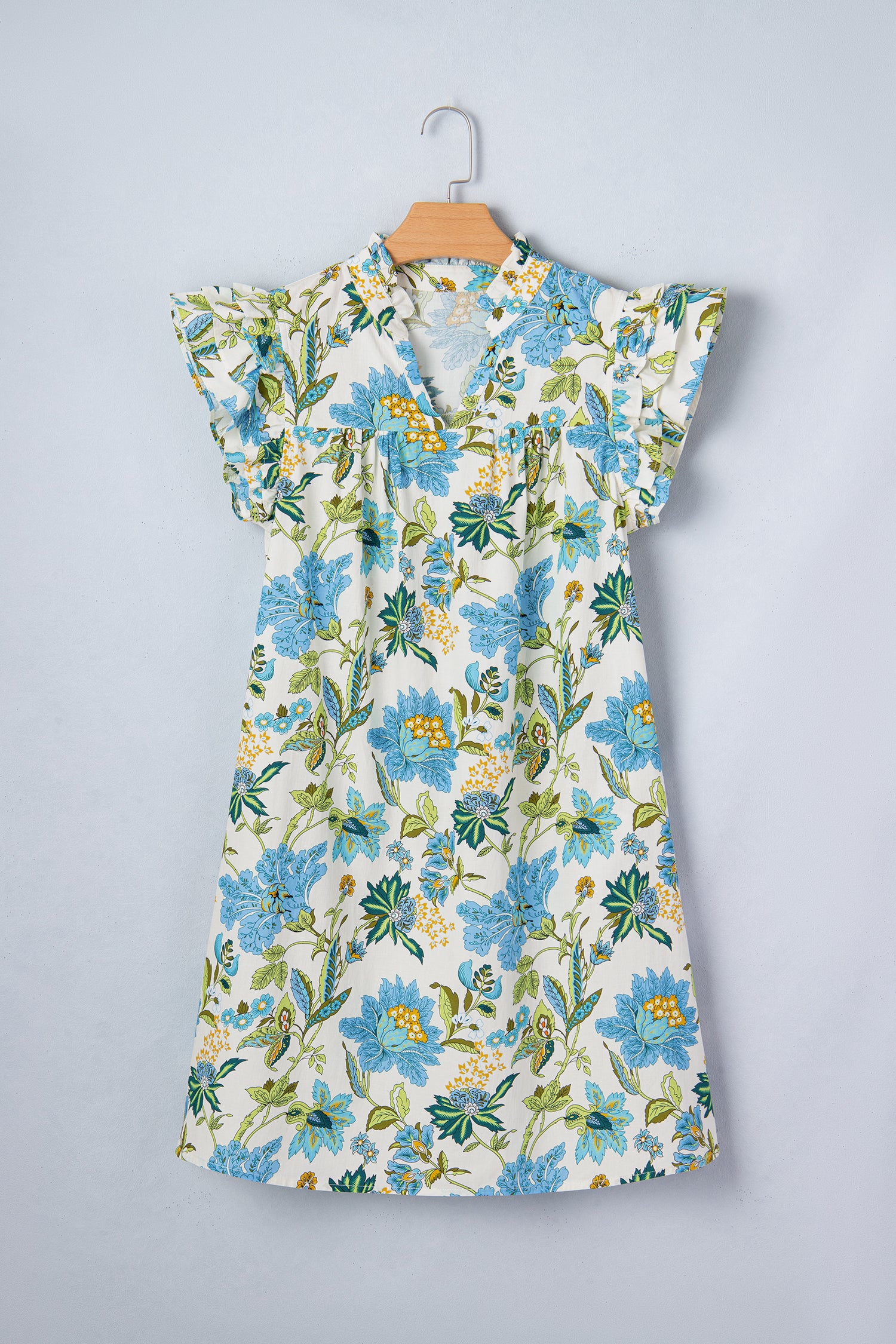 Beige Floral Print V Neck Triple Ruffle Short Sleeve Shift Mini Dress 0014ac53c2a26468