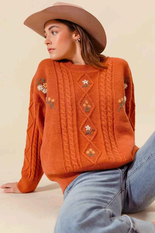Embroidered Flower Cable Knitted Sweater 0016678bb8514c3b8ea4a3971673247b-Max-Origin
