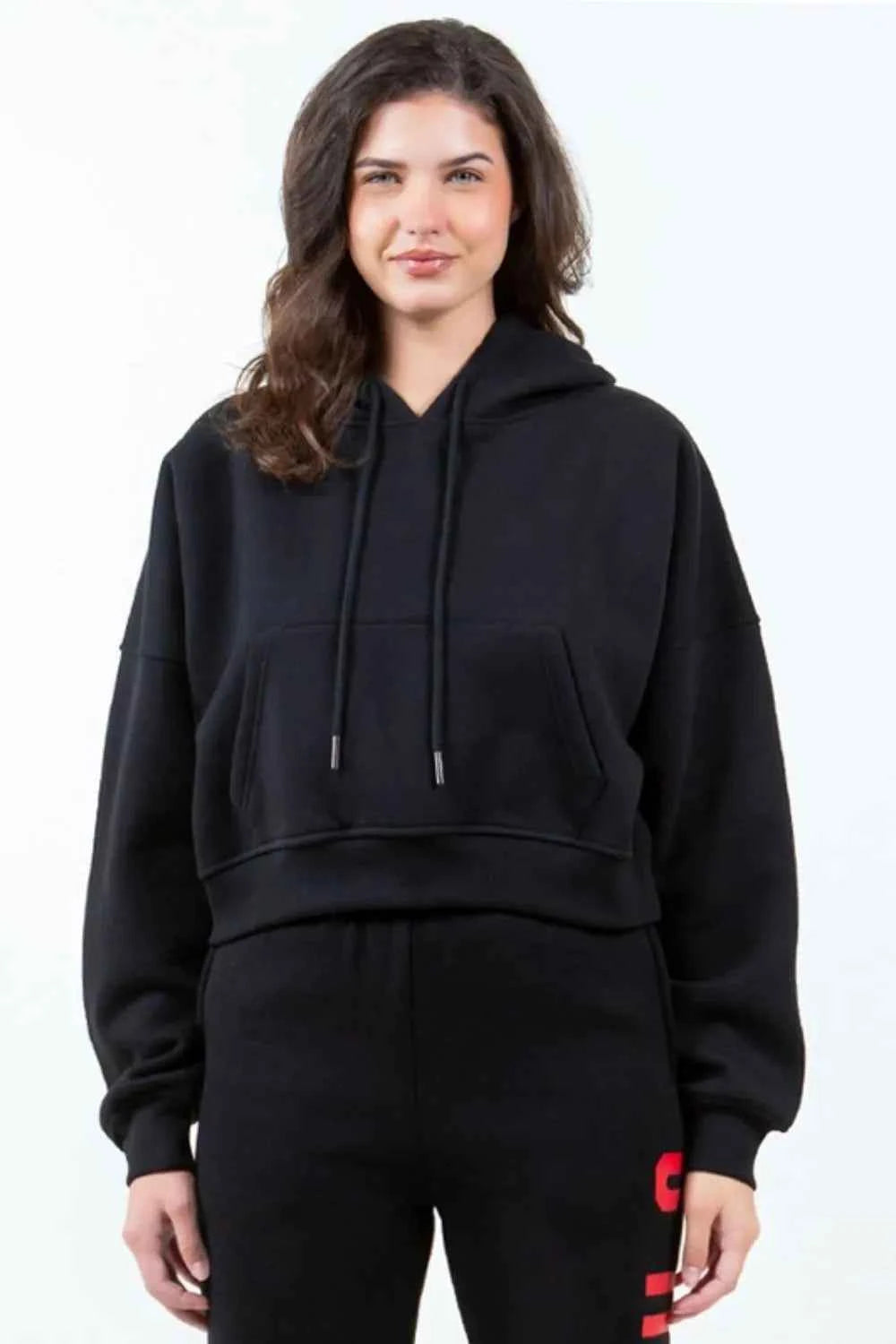 American Bazi Letter Graphic Long Sleeve Drawstring Cropped Hoodie 0018bbc7-f1bf-441d-bd88-dd686ff12d2b-Max