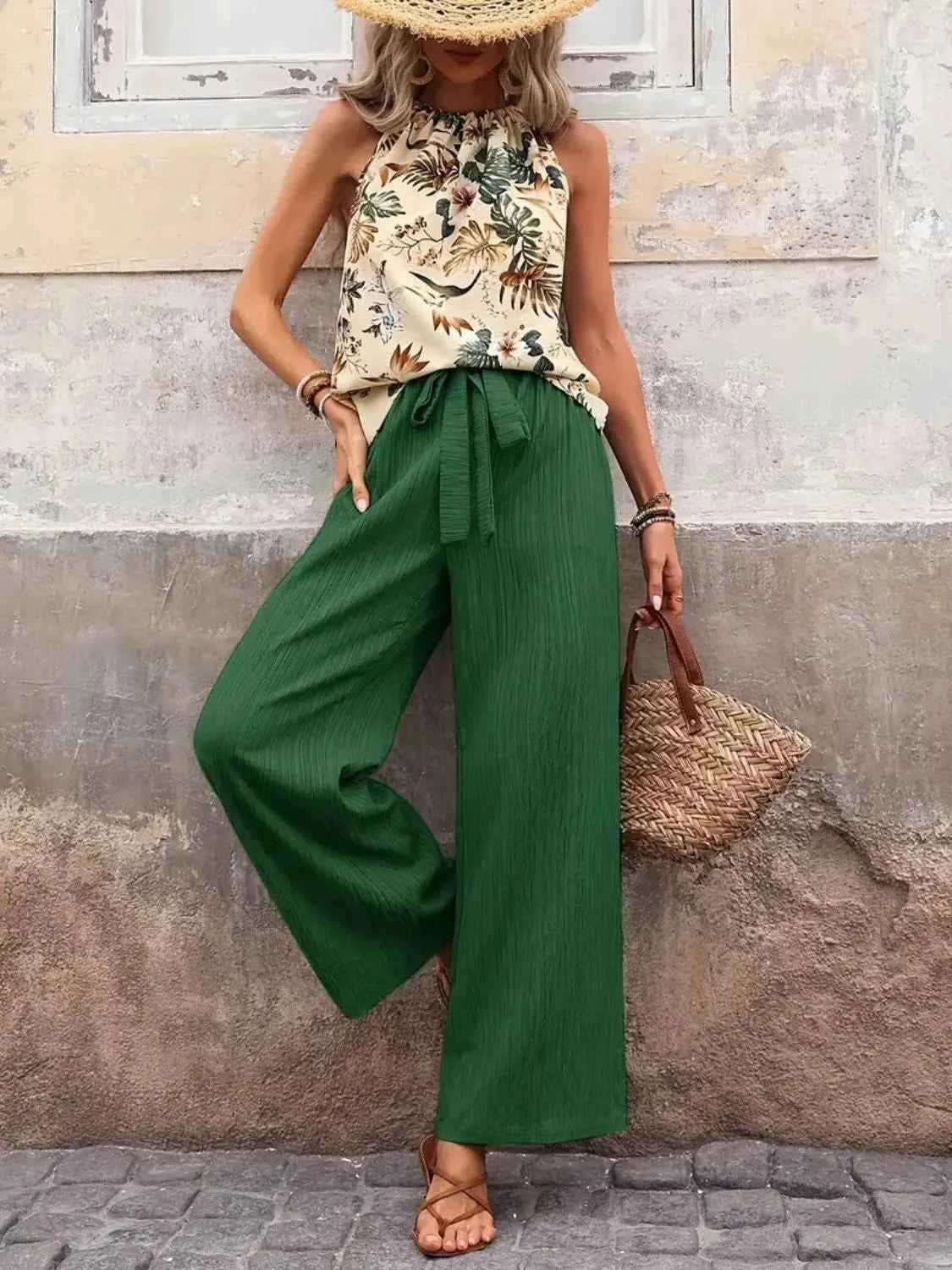 Printed Tank Top and Wide Leg Pants Set Dark Green 001cac62-d66f-41fc-94c7-6b7d2104b7cf-Max-Origin