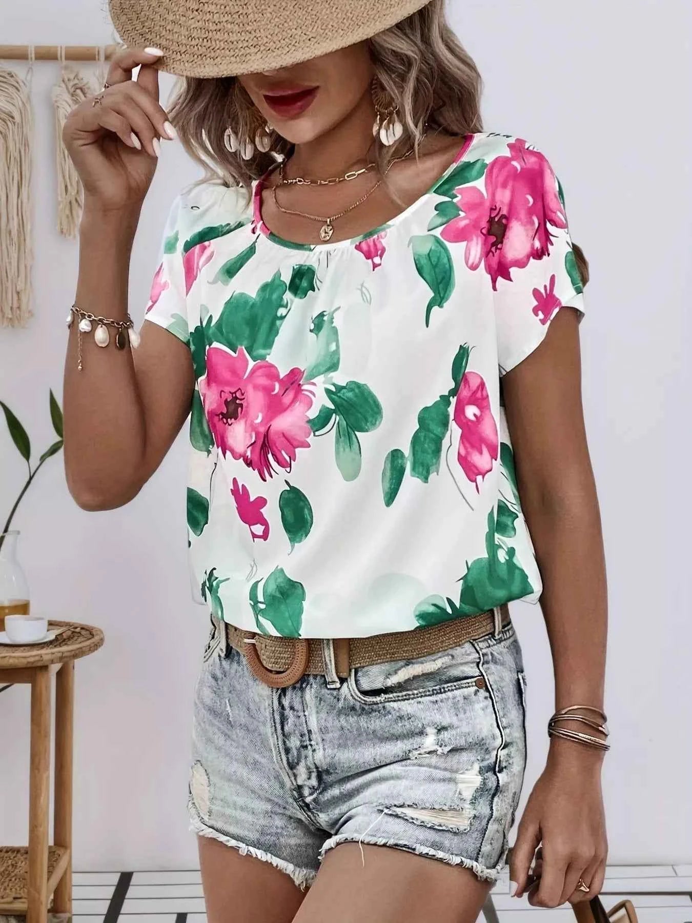 Floral Print Short Sleeve Blouse 002305f8c3cb45ef8a40b2a9eb1cf3b5-Max-Origin
