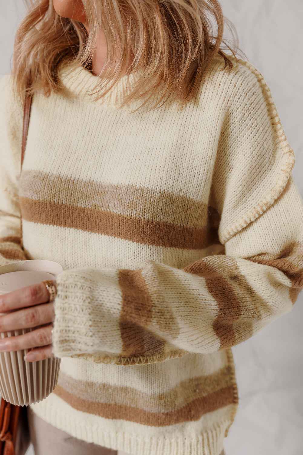 Khaki Stripe Exposed Seam Drop Shoulder Knit Baggy Sweater 002bcaca1a689a1d