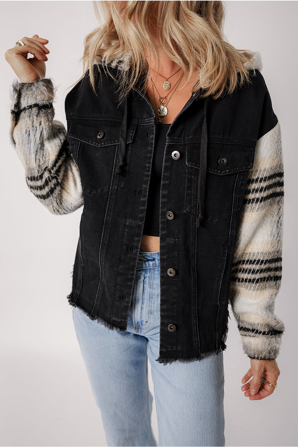 Black Patchwork Plaid Sleeve Frayed Hem Hooded Denim Jacket 002cbef979e7f72a