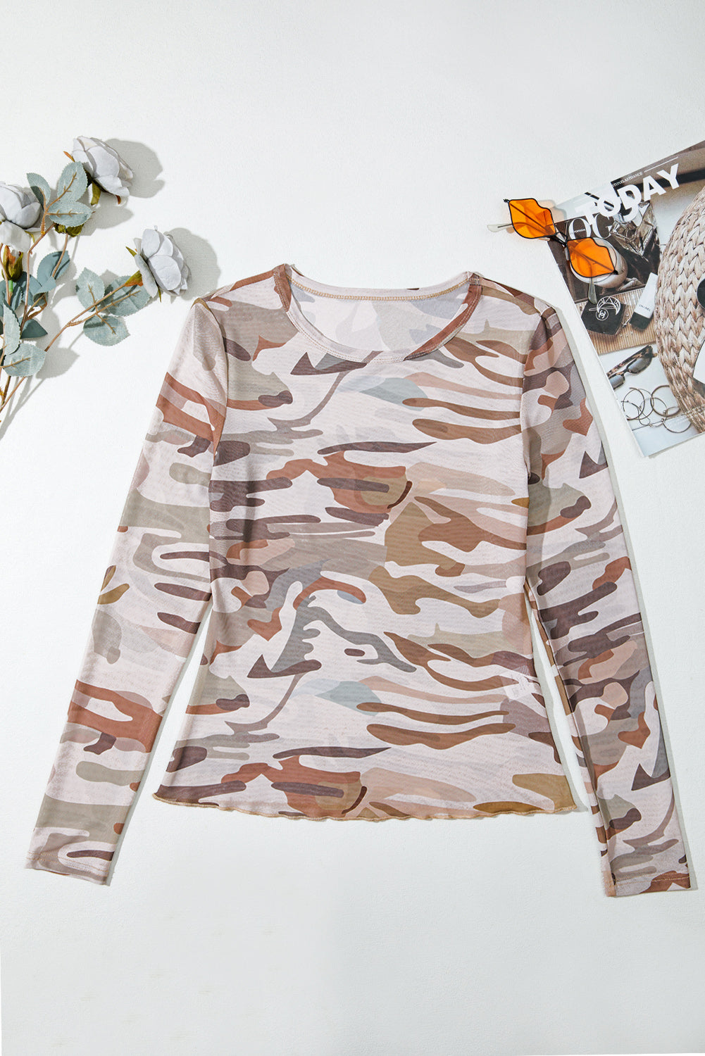 Green Camouflage Print Slim Fit Long Sleeve Top 002d964846b52c1d