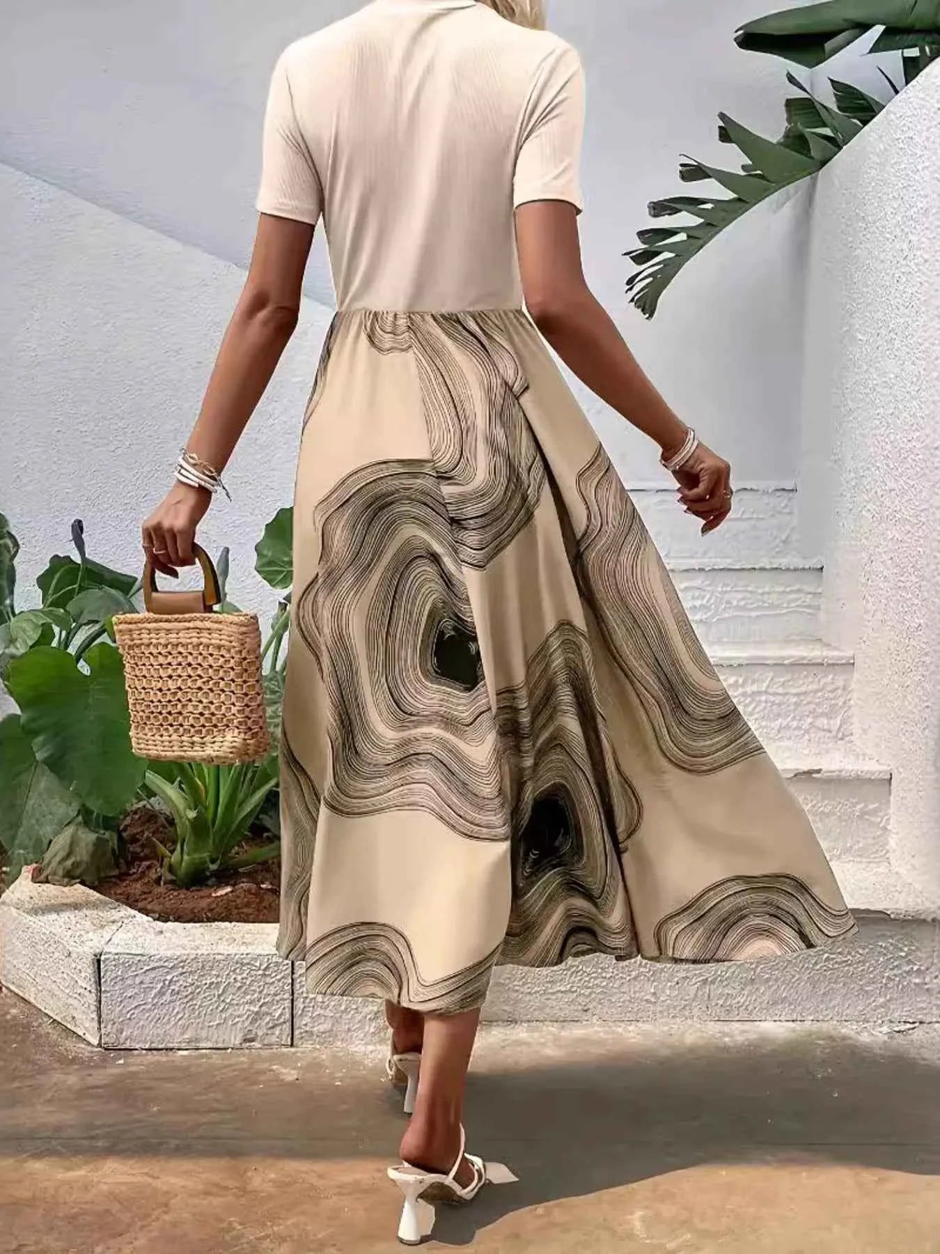 Printed Round Neck Short Sleeve Dress 0035ef054c9b41ef9a62705eea7039c8-Max-Origin