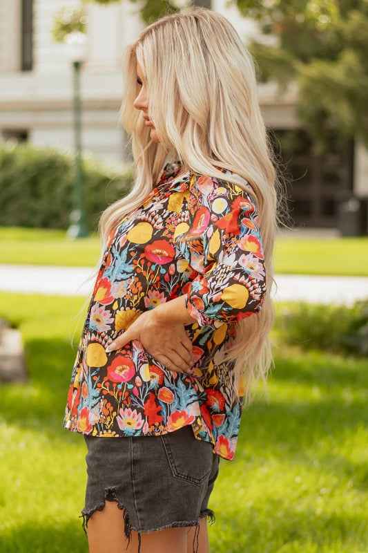 Floral 3/4 Puff Sleeve Tied Neck Blouse 0037b892-c353-4b56-9121-100ffde8ce99