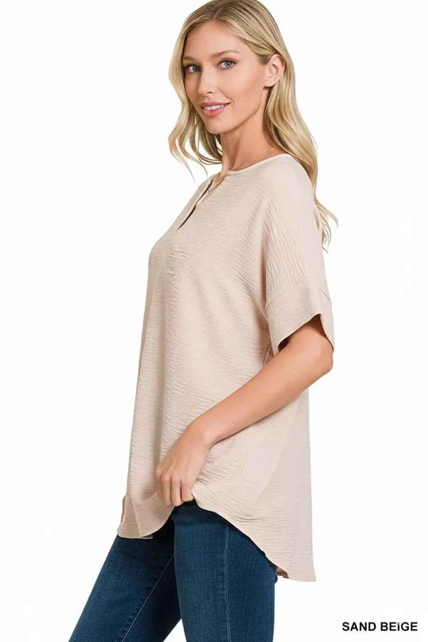 Zenana Woven Airflow Split Neck Short Sleeve Top 003850d3-fcdb-467e-b8b9-80603d1e5e59-Max-Origin