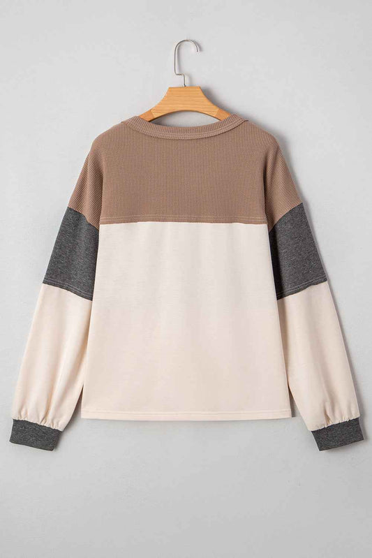 Jet Stream Waffle Patchwork Colorblock Half Buttons Plus Size Top 003b7b0a0117849a