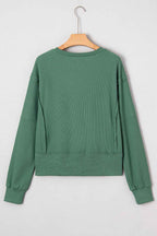 Evergreen Solid Color Raw Seam Patchwork Ribbed Drop Shoulder Sweatshirt 004127d2f2d24fba