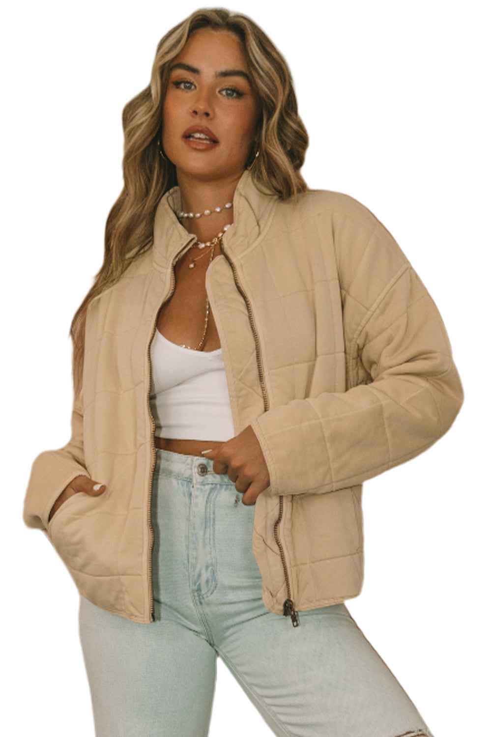 Green Zip Up Pocket Quilted Cropped Jacket 00432bd7bd7a7928