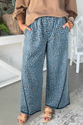 Blue Leopard Print Exposed Seam Detail Wide Leg Drawstring Jeans Blue 60%Cotton+20%Polyester+20%Viscose 0047950a665ae855