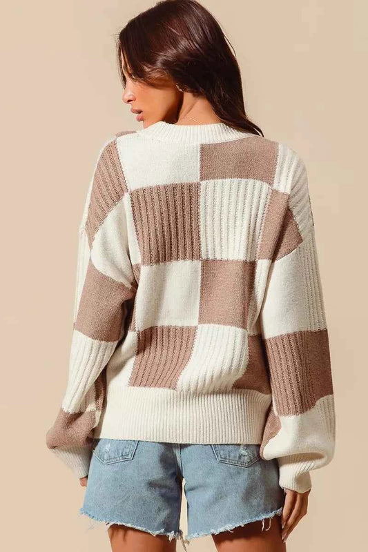 SO ME Checkered Button Front Ribbed Sweater Cardigan 00493771264f48929d2735968cac0067-Max-Origin