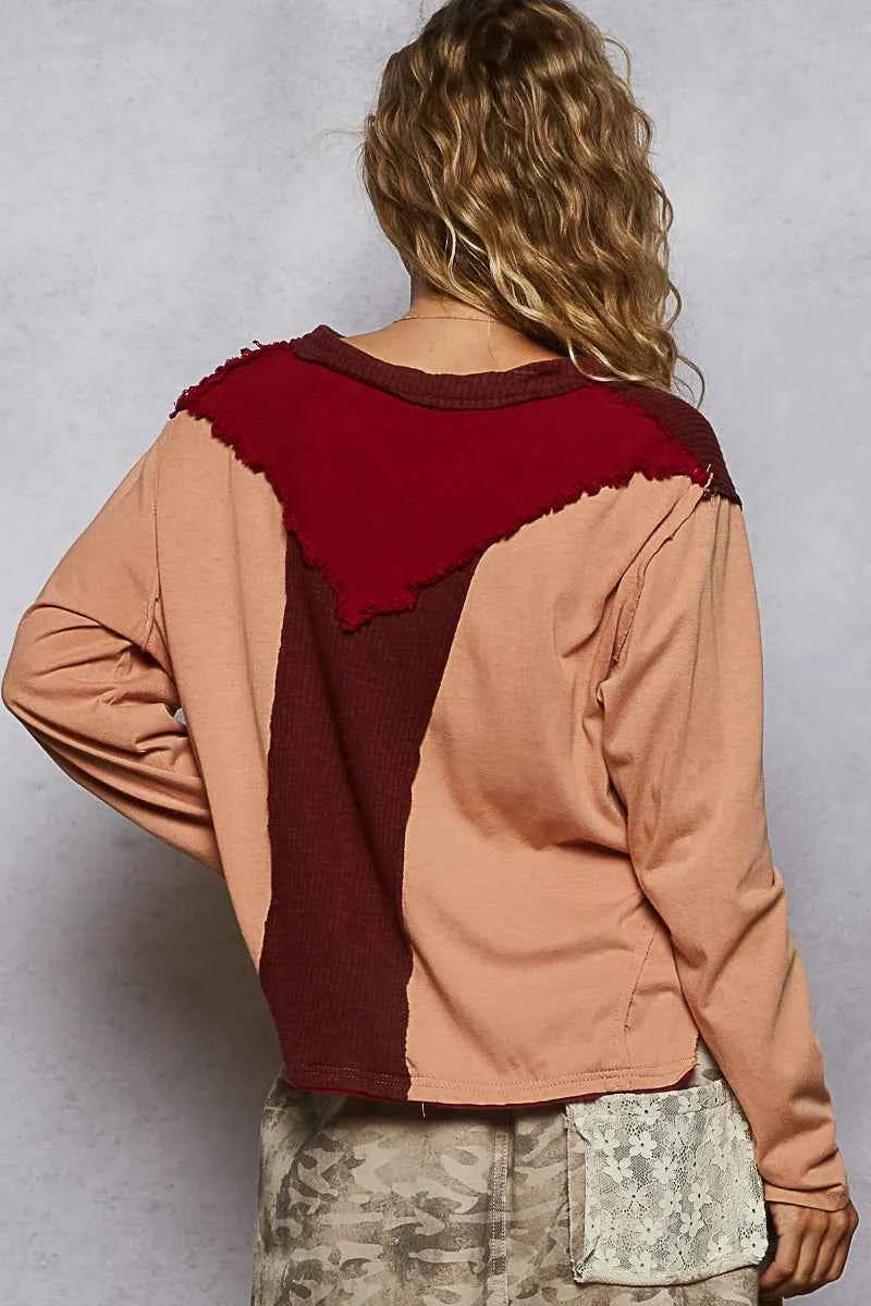 POL Color Block Notched Long Sleeve T-Shirt 004cdc82-b3ae-4182-9250-27debf9f85f1-Max-Origin