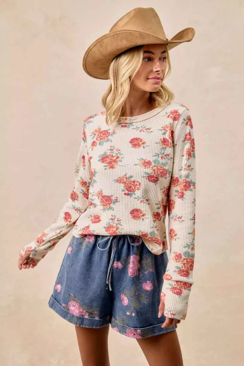 BiBi Floral Print Washed Waffle Thermal Top With Thumb 004e396b1d5843228023a317e9e23013-Max-Origin