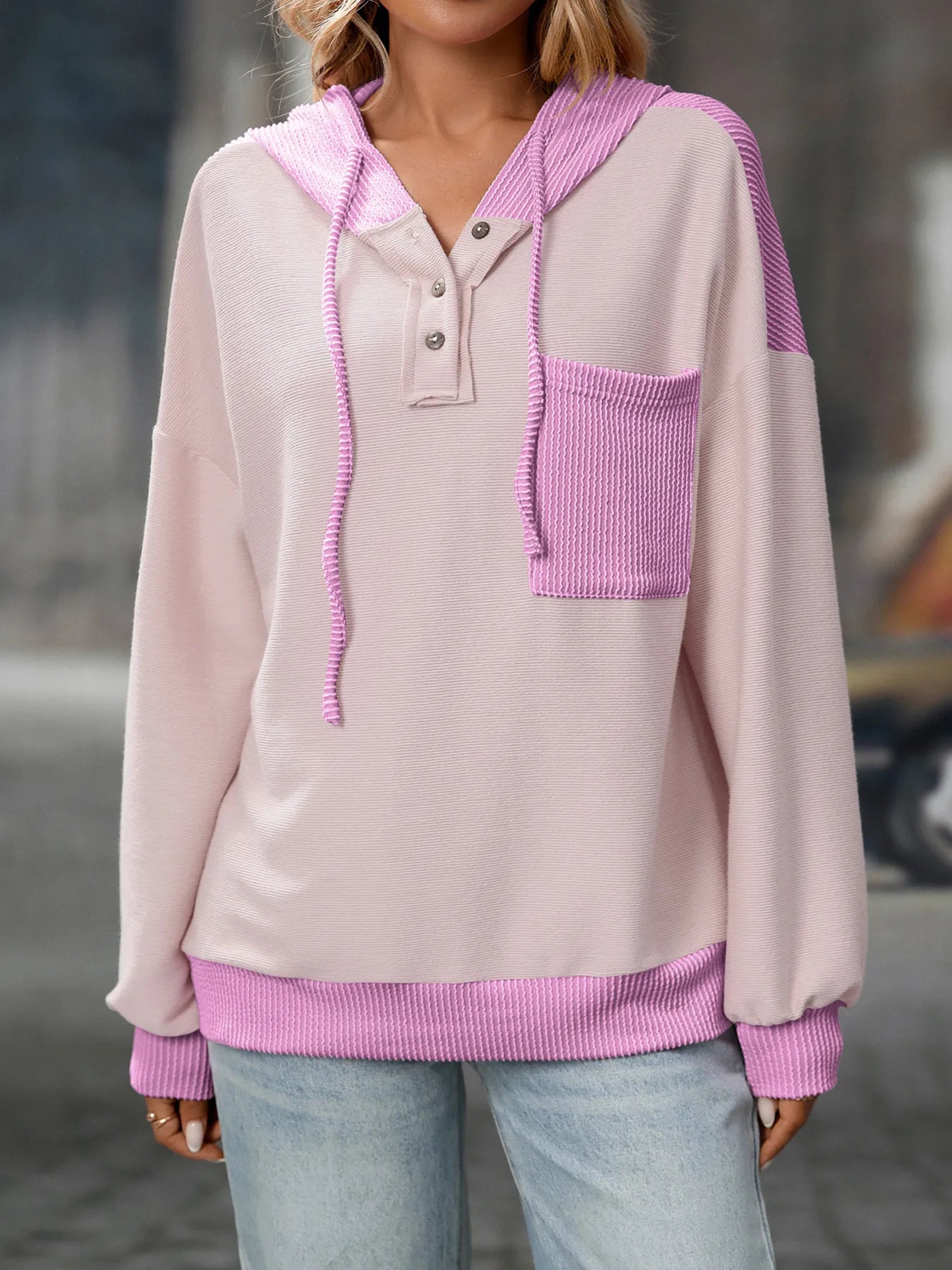 Drawstring Button Detail Long Sleeve Hoodie 0054476990314aceb33e567f8465e8a6-Max-Origin