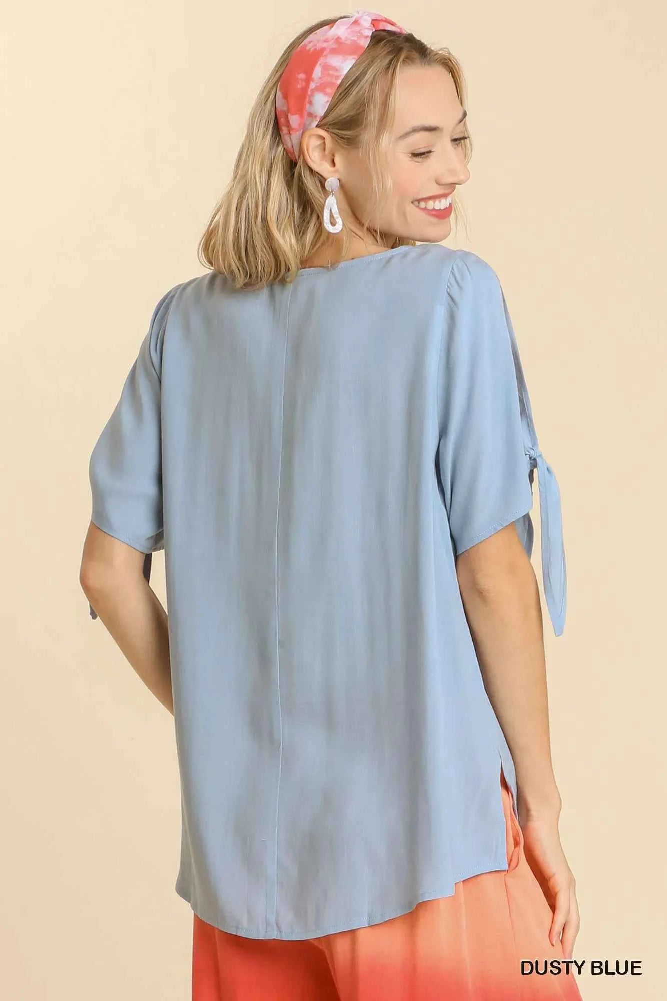 Cold Shoulder Short Sleeve Round Neck Top with Side Slits and Tie-able Knot Details 0054ccdd-59b0-4e5d-9588-be1b0d3220b7-Max-Origin