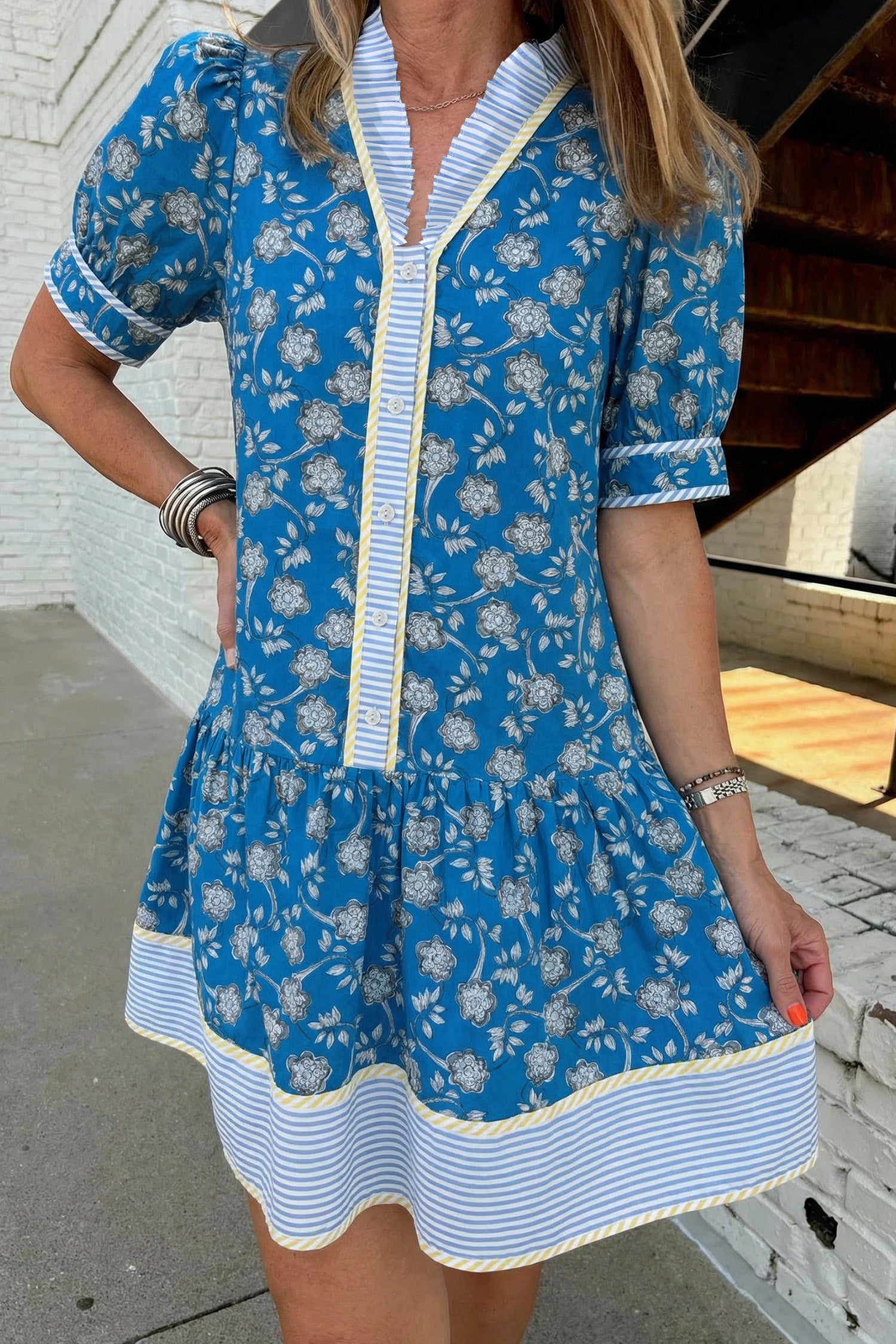 Blue Striped Trim Half Buttons Short Sleeve Floral Dress 00594e389ef96c24