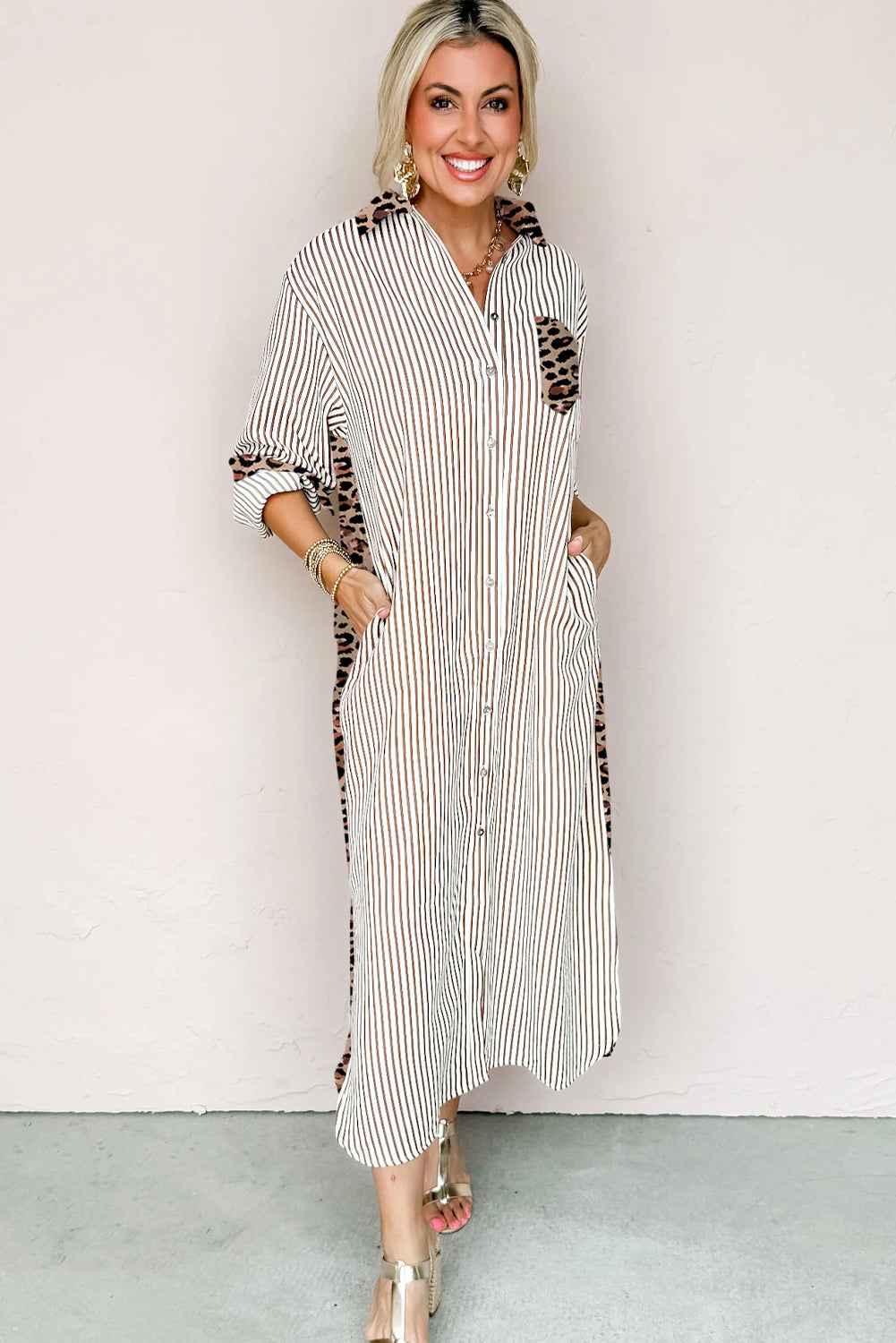 Brown Stripe Contrast Leopard Patchwork Shirt Dress 005bb9f68c564b13