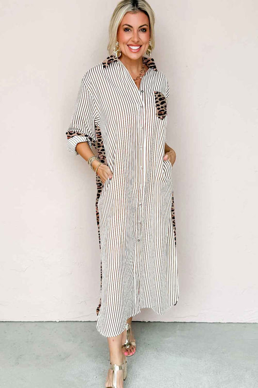 Brown Stripe Contrast Leopard Patchwork Shirt Dress 005bb9f68c564b13