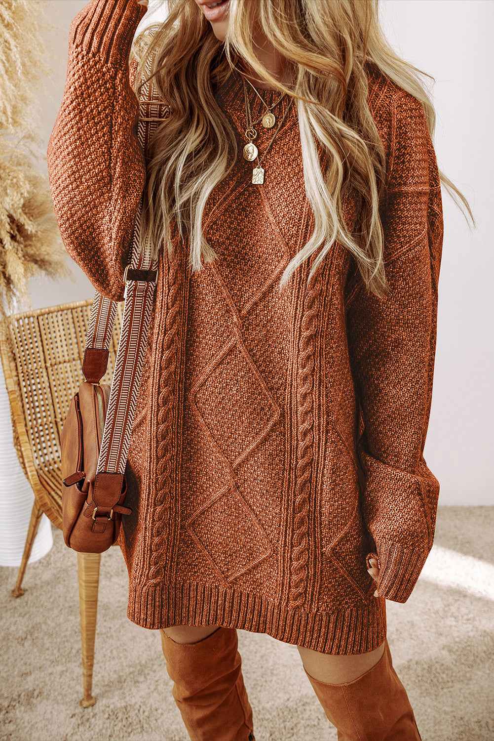 Oatmeal Cable Knit Drop Shoulder Loose Fit Sweater Dress 005ee8e2a8196931